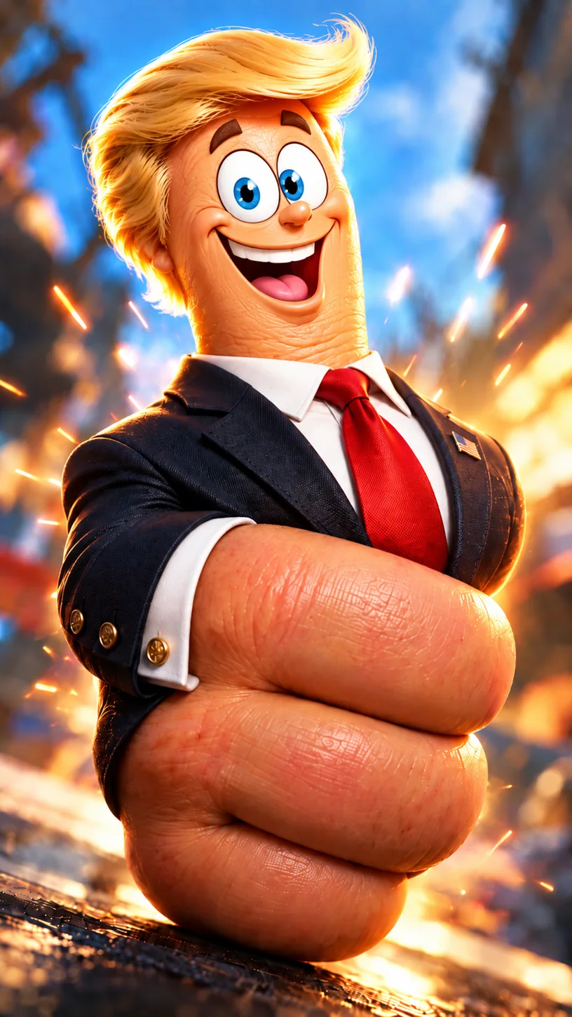 DrumpThumb's cartoon thumbs-up mascot in a suit